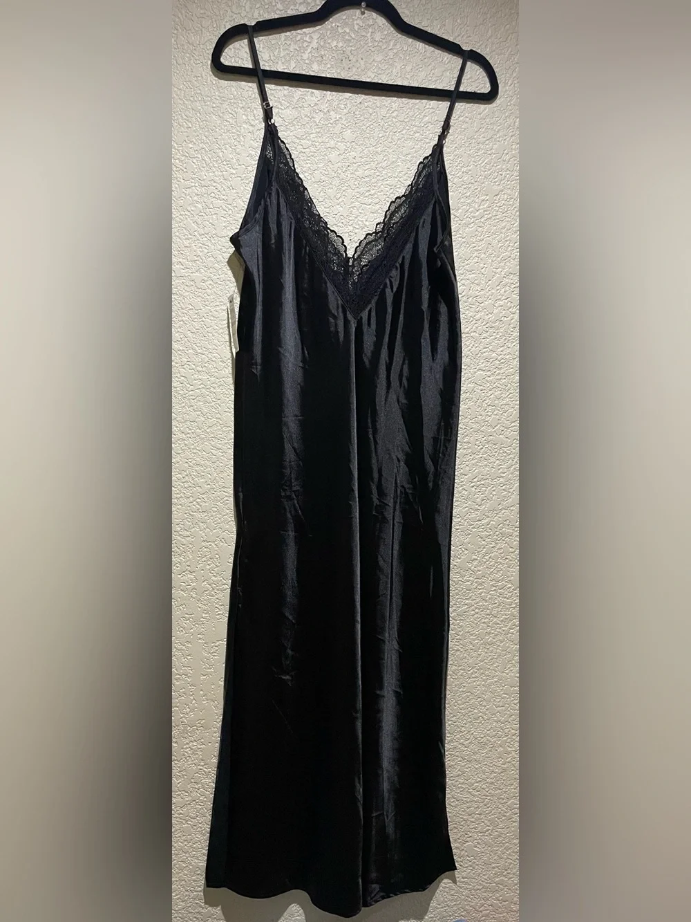 International Concepts Satin Like Lace-Trim Slip Long Nightgown Black Size M NWT